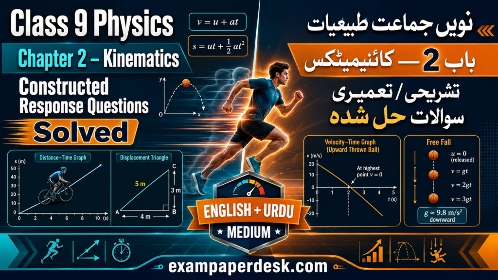 Class 9 Chapter 2 Physics Constructed Response Questions PDF featured image for English and Urdu medium, showing kinematics solved questions, graphs, formulas, and physics concepts.