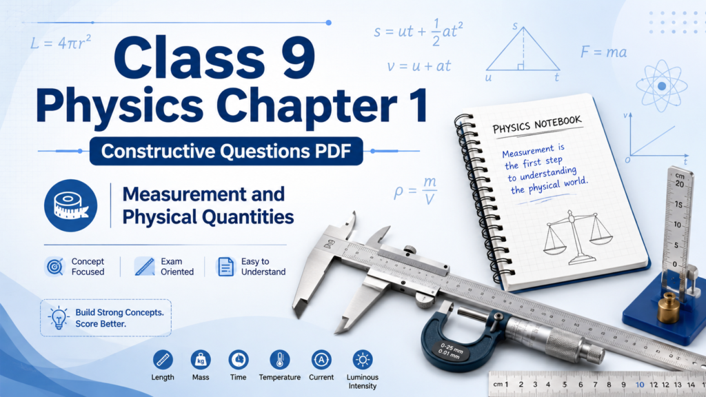 Class 9 Physics Chapter 1 Exercise Constructive Questions PDF with measurement tools, notebook, ruler, Vernier calipers, and physics formulas.